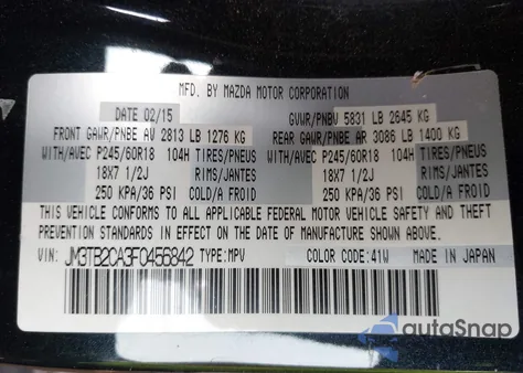 2015 Mazda Cx-9 Touring from USA, damaged, VIN JM3TB2CA3F0456842
